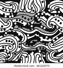 Abstract decorative seamless pattern, stripes, spirals, hole, spots,waves, ellipses, doodles . Hand drawn.