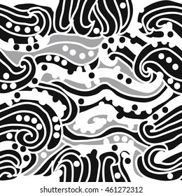 Abstract decorative seamless pattern, stripes, spirals, hole, spots,waves, ellipses, doodles . Hand drawn.