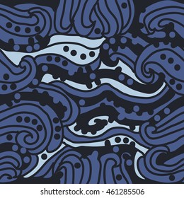 Abstract decorative seamless pattern, stripes, spirals, hole, spots,waves, ellipses, doodles . Hand drawn.