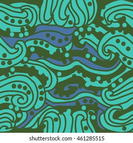 Abstract decorative seamless pattern, stripes, spirals, hole, spots,waves, ellipses, doodles . Hand drawn.