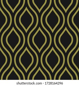 Abstract decorative seamless pattern with wavy shapes. Golden elements on black backdrop. Endless background in art deco style for wallpaper, wrapping or fabric.
