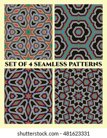 Abstract decorative seamless patterns of different geometrical shapes in black, grey, violet, beige, green and red shades