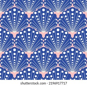 Abstract Decorative Seashells Stars Art Deco Style Seamless Pattern Elegant Trendy Fashion Colors Minimal Simple Design Perfect for Allover Fabric Print or Wall Paper Royal Blue Tones