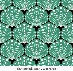 Abstract Decorative Seashells Stars Art Deco Style Seamless Pattern Elegant Trendy Fashion Colors Minimal Simple Design Perfect for Allover Fabric Print or Wall Paper Green Black Tones