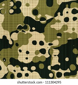 Abstract decorative shapes printed on textured linen canvas fabric background. Seamless pattern. Vector.