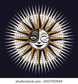 Abstract decorative sun with face in ancient style in dark blue, dark gold and white colors.