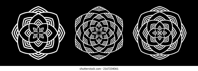 Abstract decorative symmetrical patterns. Geometric white design elements on blacl background. Vector art.