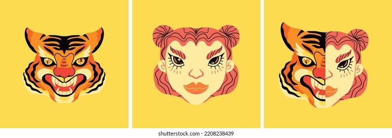A abstract decorative tiger head and a asian woman with red hair illustration and half of a woman face and tiger face