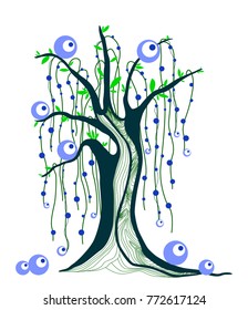 Abstract decorative tree drawn by hand, with fruit, leaf and branch. The color of the tree in blue, blue and violet shades, the cosmic tree.