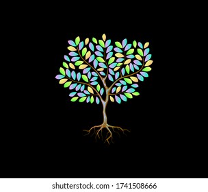 Abstrakter dekorativer Baum auf schwarzem Hintergrund. schöne leuchtende und leuchtende Blätter, Vektorgrafik.