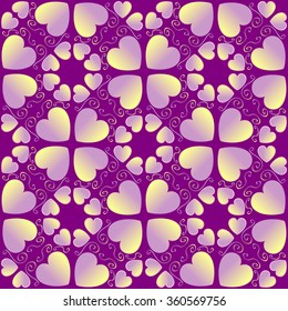 Abstract decorative Valentine's seamless pattern with violet and yellow gradient heart shapes on dark violet background