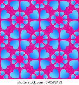 Abstract decorative Valentine's seamless pattern with blue gradient heart shapes on pink background