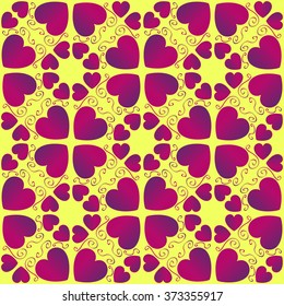 Abstract decorative Valentine's seamless pattern with purple and violet gradient heart shapes on yellow background