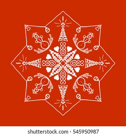 Abstract decorative vector frame with winter motifs on red background.