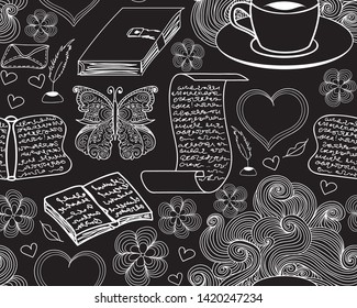 Abstract decorative vector seamless pattern with hand drawn flowers, hearts, romantic novels, butterflies and coffee cup