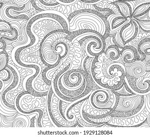 Abstract decorative vector seamless pattern with floral ornament and figured lines