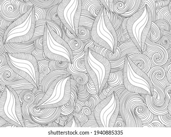 Abstract decorative vector seamless pattern with leaves and curling linear ornament