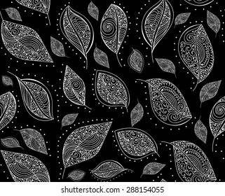 Abstract decorative vector seamless pattern with lacy leaves. Endless texture