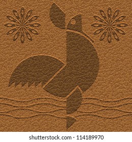 Abstract decorative village rooster carving on textured leather background. Vector.