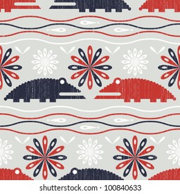 Abstract decorative vintage textured print background with crocodiles. Seamless pattern. Vector.