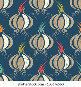 Abstract decorative vintage textured village agricultural root crops vegetables print background. Seamless pattern. Vector.