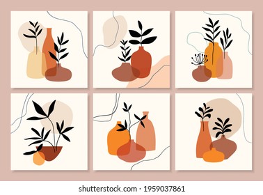 Abstract decorative wall art,  collection with different leaves in vases, summer still life, line art vector illustration, modern minimalist contemporary design