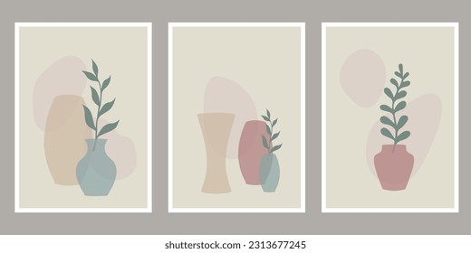 Abstract decorative wall art, collection with summer leaves in vases, still life, line art vector illustration, modern minimalist contemporary design.