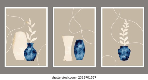 Abstract decorative wall art, collection with summer leaves in vases, still life, line art vector illustration, modern minimalist contemporary design.
