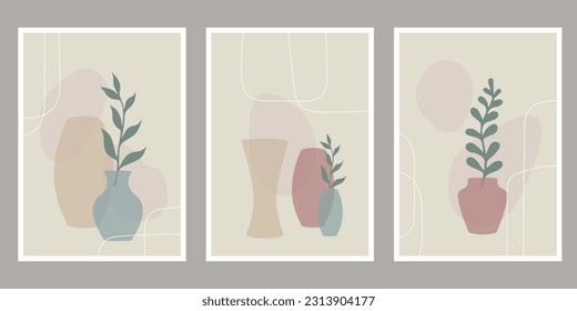 Abstract decorative wall art, collection with summer leaves in vases, still life, line art vector illustration, modern minimalist contemporary design.
