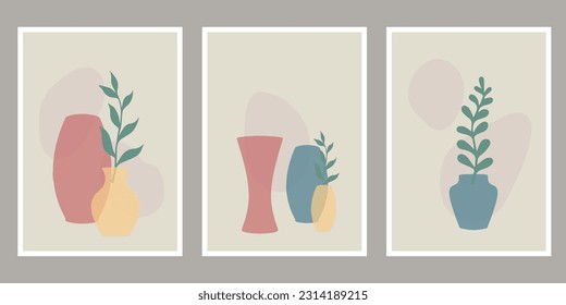 Abstract decorative wall art, collection with summer leaves in vases, still life, line art vector illustration, modern minimalist contemporary design.