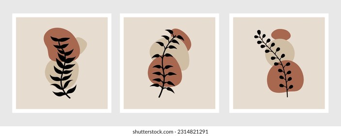 Abstract decorative wall art, collection with summer leaves in vases, still life, line art vector illustration, modern minimalist contemporary design