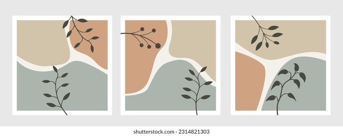 Abstract decorative wall art, collection with summer leaves in vases, still life, line art vector illustration, modern minimalist contemporary design