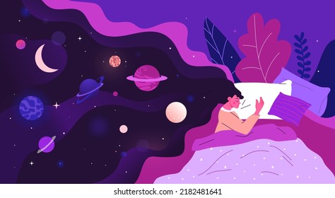 Abstract deep dream. Woman sleeps. Person in night cloud. Art space. Happy emotion. Magic scene. Hair with galaxy planets. Flat design elements. Girl lying on bed. Vector nighttime rest