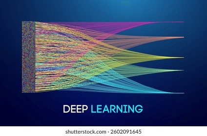 Abstract deep learning visualization with colorful data streams, structured information flow, and neural network representation on a dark background, symbolizing artificial intelligence, machine