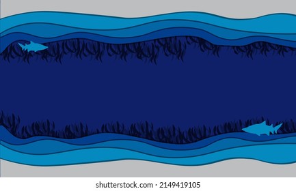 Abstract Deep Sea background template in paper cut out design. Seaweed and shark illustration. For cards, social media posts, posters, leaflets, cards. Vector Illustration.