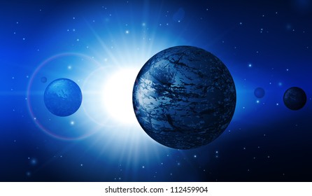 Abstract Deep Space Background: Planets, Stars, Lights, Sun, Sunrise, Satellite, Alien Vector EPS10