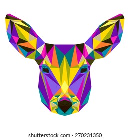 Abstract deer. Bright motley colored polygonal triangle geometric pattern isolated on white background for use in design for card, invitation, poster, banner, placard or billboard cover.