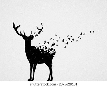 Abstrakter Hirsch, fliegende Vögel. gefährdetes Tier. Schwarz-Weiß-Silhouette