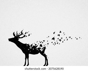 Abstrakter Hirsch, fliegende Vögel. gefährdetes Tier. Schwarz-Weiß-Silhouette