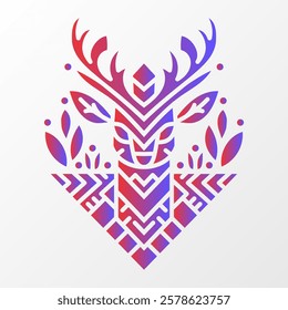 Abstract deer head illustration featuring geometric patterns, red and purple gradient, and decorative nature-inspired elements on a white background.