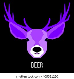 Abstract deer head isolated on black. Graphic cartoon purple deer portrait painted in imaginary colors for design card, invitation, banner, book, scrapbook, t-shirt, poster, sketchbook, album etc.