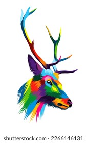 Abstract deer head portrait, cervus elaphus, dama dama from multicolored paints. Colored drawing. Vector illustration of paints