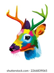 Abstract deer head portrait, cervus elaphus, dama dama from multicolored paints. Colored drawing. Vector illustration of paints