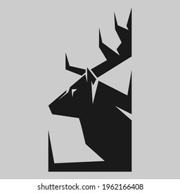Abstract deer head silhouette in profile portrait symbol on gray backdrop. Design element