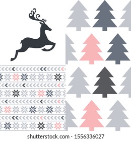 abstract deer icon with pine tree and snowflake pattern, vector