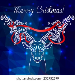 Abstract deer. Winter  illustration on geometric background. Ornate antlers with ribbon. 