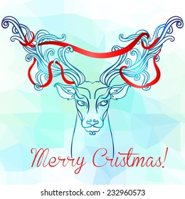 Abstract deer. Winter  illustration on geometric background. Ornate antlers with ribbon. 
