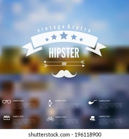 Abstract defocused, blurred landscape background with hipster sign. Vintage label with retro icons.