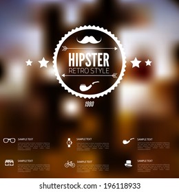 Abstract defocused, blurred landscape background with hipster sign. Vintage label with retro icons.
