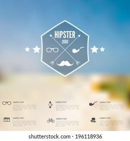 Abstract defocused, blurred landscape background with hipster sign. Vintage label with retro icons.